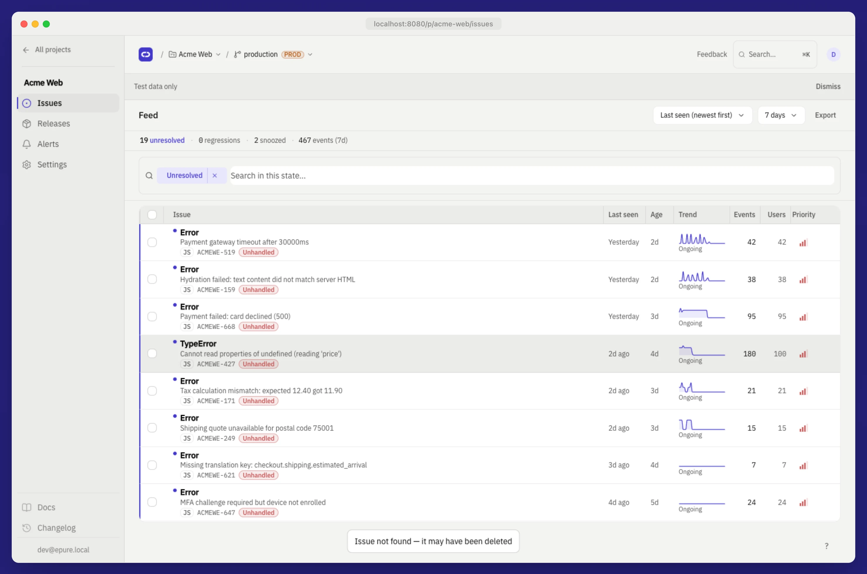 Issues feed showing unresolved exceptions with counts and status