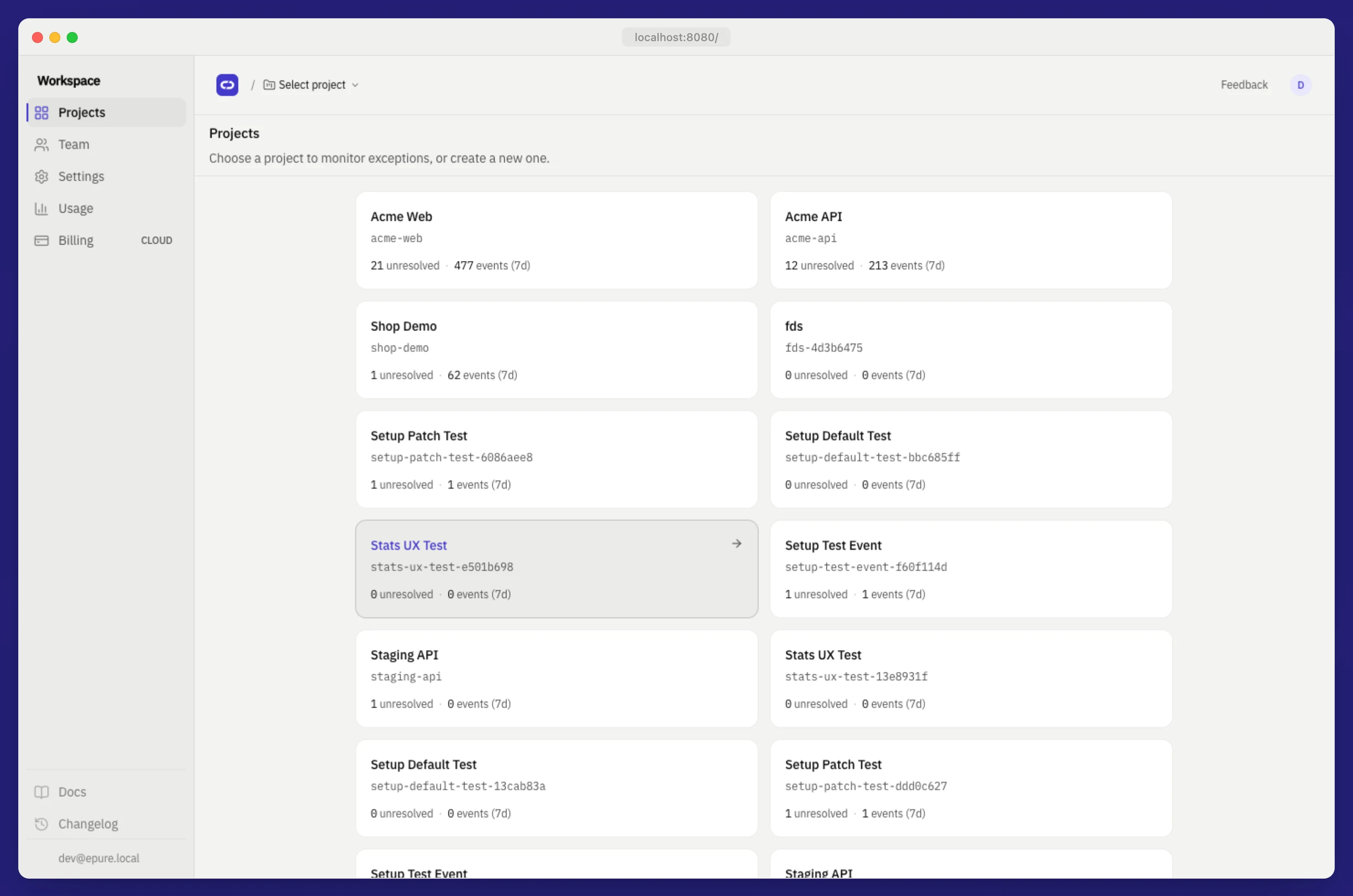 Workspace projects: Acme Web and Shop Demo with unresolved and event counts